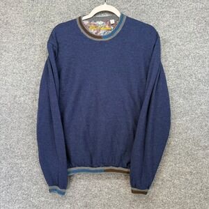 Robert Graham Sweater Mens Large Blue Wool Striped Trim Crewneck Pullover Luxury